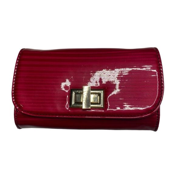 Small Red Patent Leather Clutch Handbag Bag Gold Chain Strap Polka Dot Lining - Picture 3 of 12